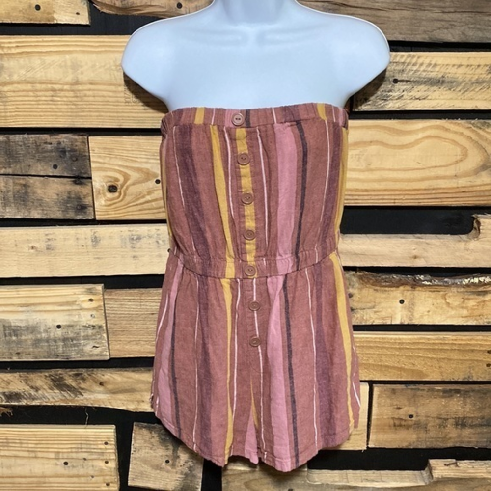 Urban Outfitters Linen Tube Strapless Romper Boho Brown Stripe Pockets Small